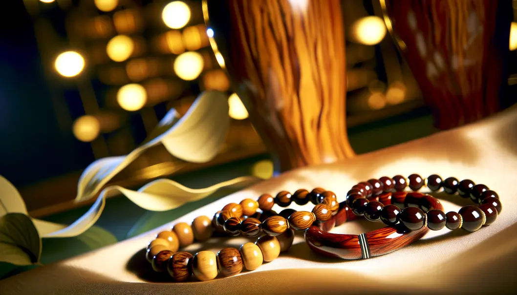 Bộ sưu tập vòng tay gỗ sưa và gỗ hương trưng bày trong không gian sang trọng.