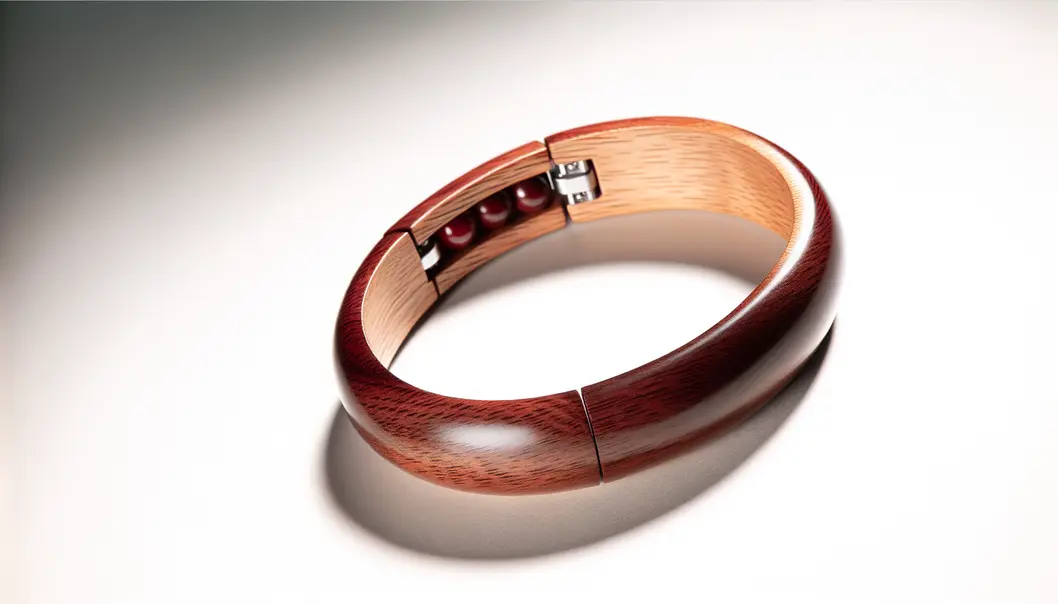 Vòng tay gỗ hương ta đặt trên nền tối, thể hiện vẻ đẹp và tính chất nghệ thuật của sản phẩm.