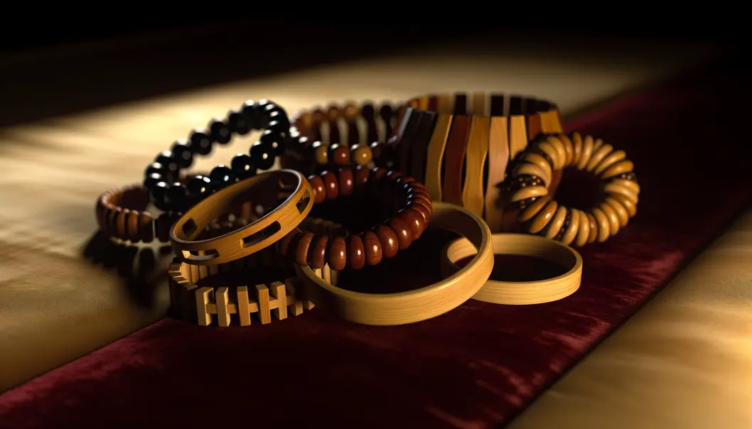 Một bộ sưu tập vòng gỗ đeo tay đặt trên nền vải nhung sang trọng.