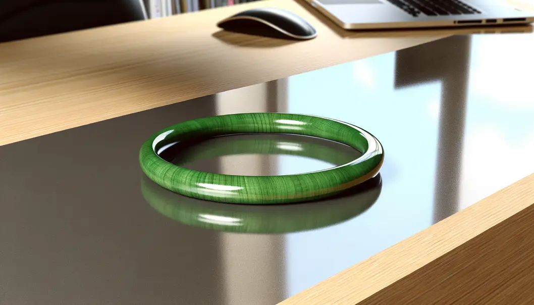 Chiếc vòng gỗ bách xanh trên bàn làm việc đẳng cấp, phản ánh sự tinh tế.