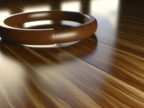 Vòng gỗ đeo tay sang trọng trên nền gỗ sáng bóng, thể hiện sự mạnh mẽ và tinh tế.