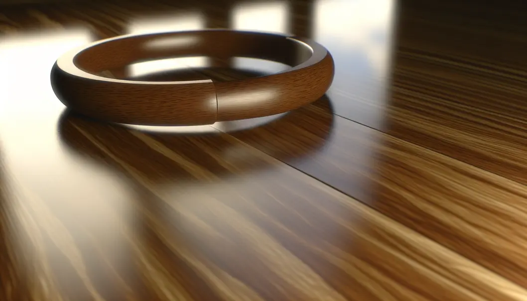 Vòng gỗ đeo tay sang trọng trên nền gỗ sáng bóng, thể hiện sự mạnh mẽ và tinh tế.