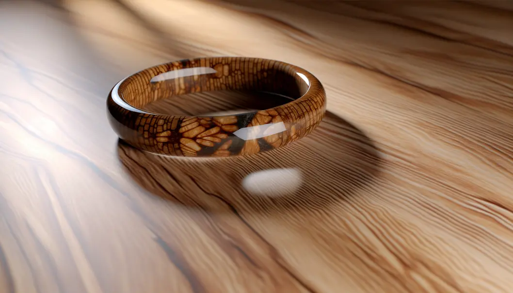 Chiếc vòng tay gỗ hóa thạch tinh tế nổi bật trên nền gỗ tự nhiên.