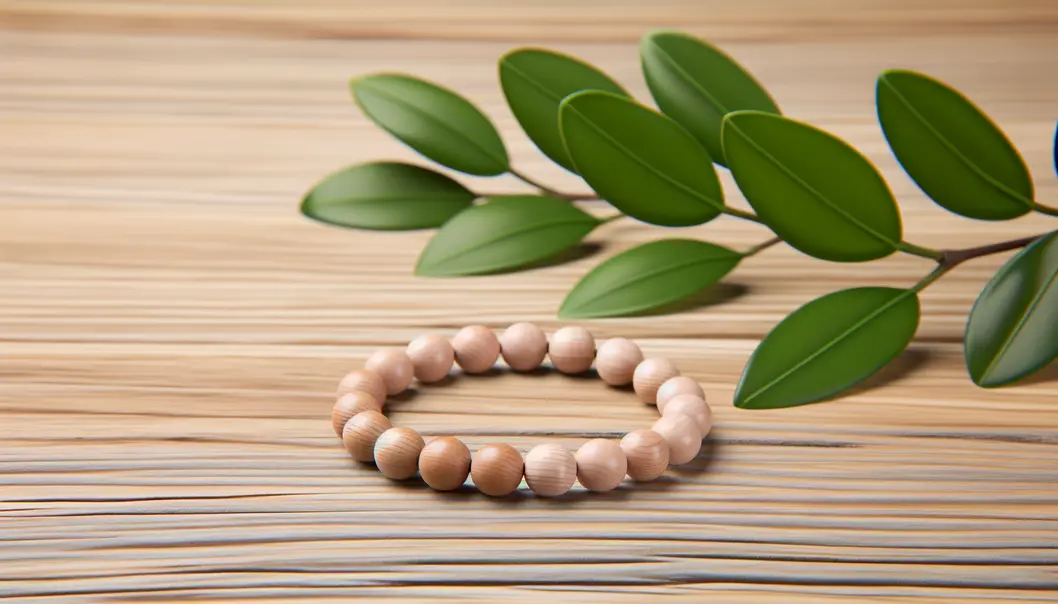 Vòng tay gỗ dâu tằm được đặt trên bàn gỗ, hòa quyện với thiên nhiên.